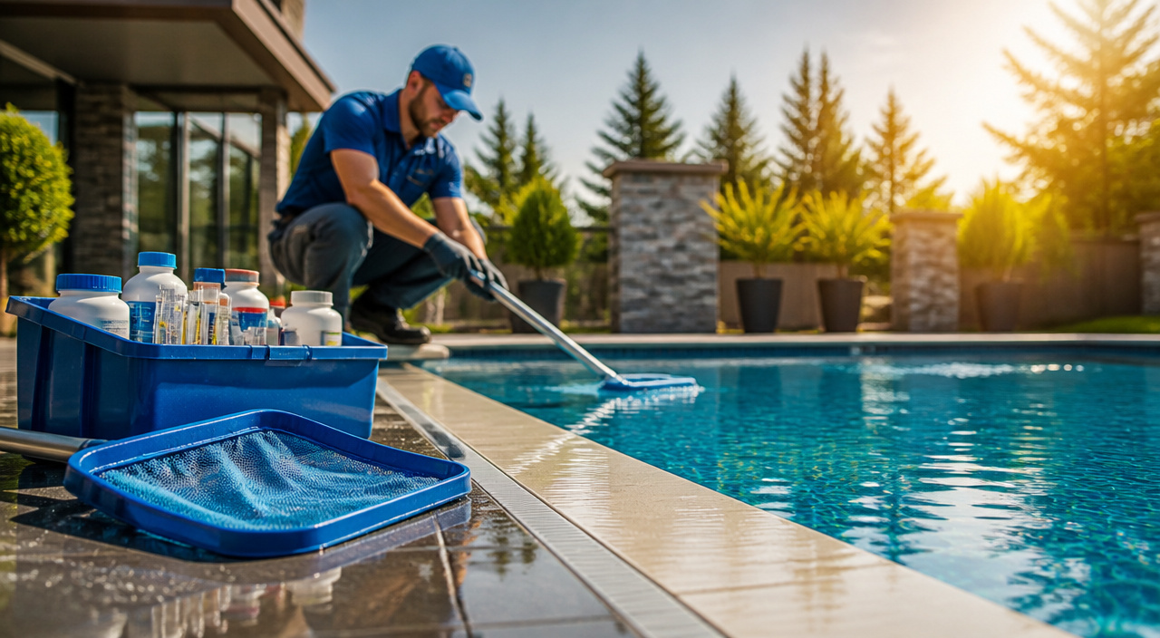 Pool maintenance equipment beside clear water